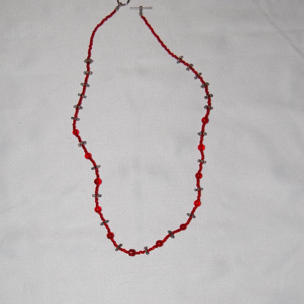Red Seed Beads With /Silver Tone Spacers Necklace T Closure 10